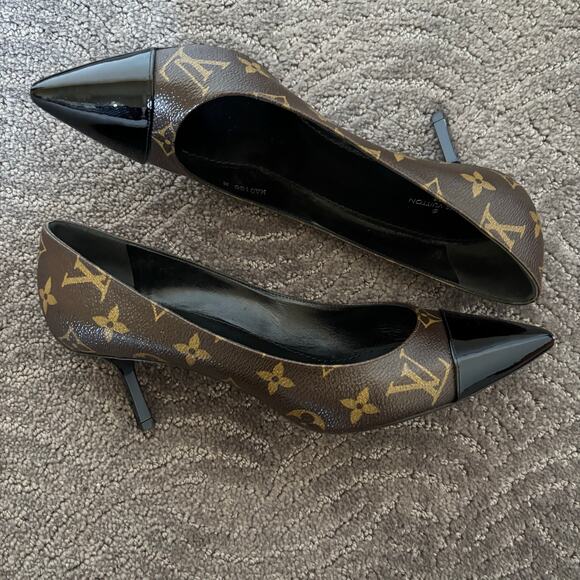 Louis Vuitton Fetish Monogram Kitten Heel Pumps Brown Pointed Cap Toe Size 38 - Picture 7 of 14